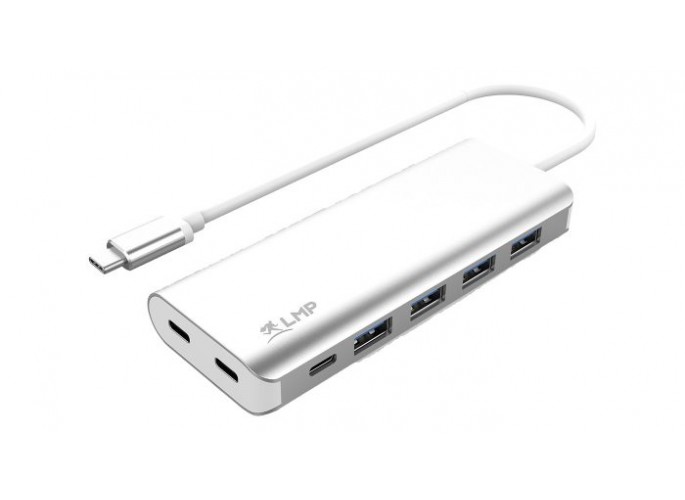 LMP USB-C Hub, 7 port USB-A (4) & USB-C (3) hub, charging function (BC1.2), external power supply (36W), silver