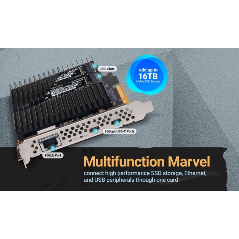 Sonnettech McFiver PCIe Card - Multifunction Adapter Card with Dual M.2 NVMe SSD Slots, 10Gb Ethernet and Two 10Gbps USB-C Ports