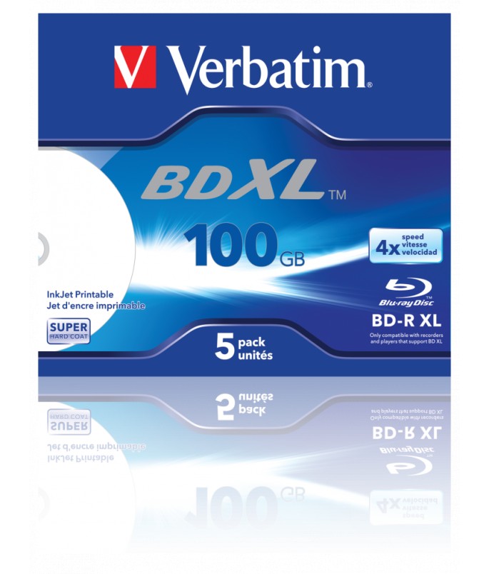 Verbatim BD-R XL 100 GB 4x Wide White Inkjet Printable Surface Hard Coat (5 Pack)