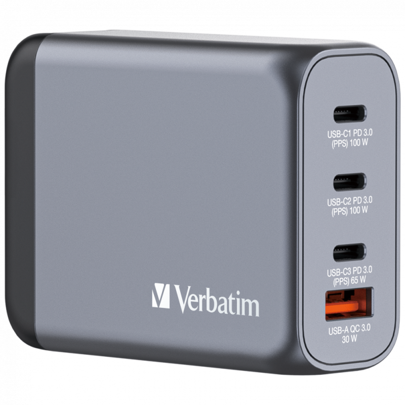 Verbatim GaN Charger 100W - 2x USB-C PD 100W, 1x USB-C PD 65W, 1x USB-A QC 3.0
