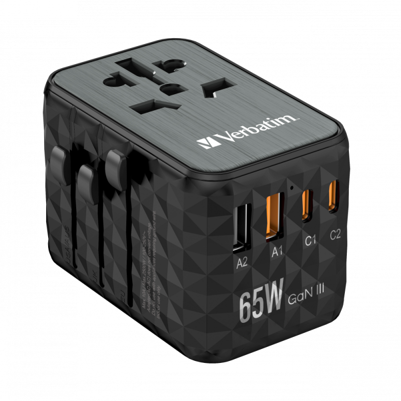 Verbatim GaN III Universal Travel Adapter UTA-05 with 2 x USB-C PD & QC 4+ & 2 x USB-A ports