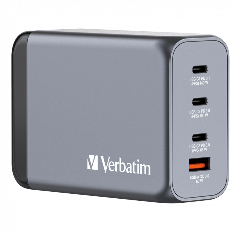 Verbatim 240W GaN Wall Charger 1 x USB-C® PD 140W /1 x USB-C® PD 100W / 1 x USB-C® PD 65W / 1 x USB-A QC 3.0 (EU/UK/US)