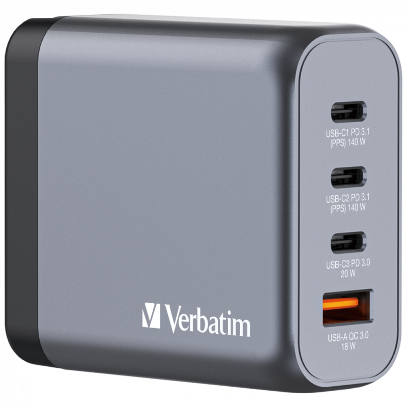 Verbatim 140W 4-Port GaN Wall Charger 2 x USB-C® PD 140W / 1 x USB-C® PD 20W / 1 x USB-A QC 3.0 (EU/UK/US)