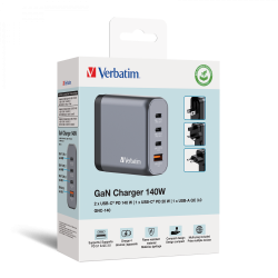 Verbatim 140W 4-Port GaN Wall Charger 2 x USB-C® PD 140W / 1 x USB-C® PD 20W / 1 x USB-A QC 3.0 (EU/UK/US)