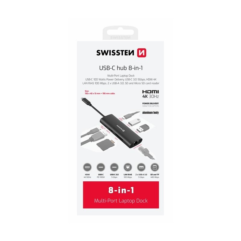 Swissten USB-C Hub 8-In-1 (USB-C 100W, Hdmi 4K, Lan Rj45, 2X USB-A, 1X USB-C 5Gbps, SD, Micro SD) Aluminium