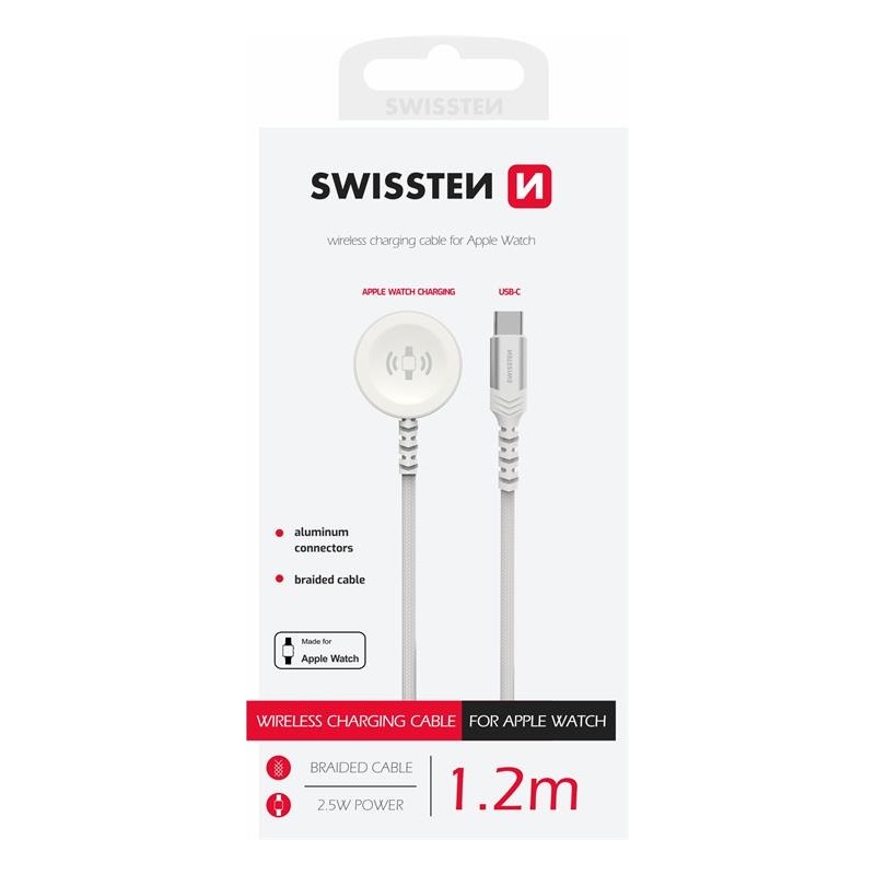 Swissten Braided Magnetic Wireless Charger For Apple Watch Metal, USB-C 1.2 M White
