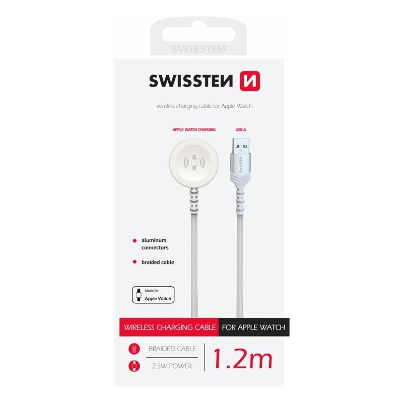 Swissten Braided Wireless Magnetic Charger For Apple Watch Metal, USB-A 1.2 M White