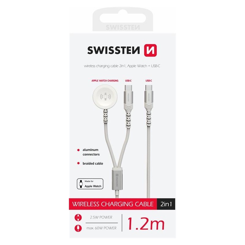 Swissten Wireless Charger 2In1 For Apple Watch And USB-C, USB-C 1.2 M White