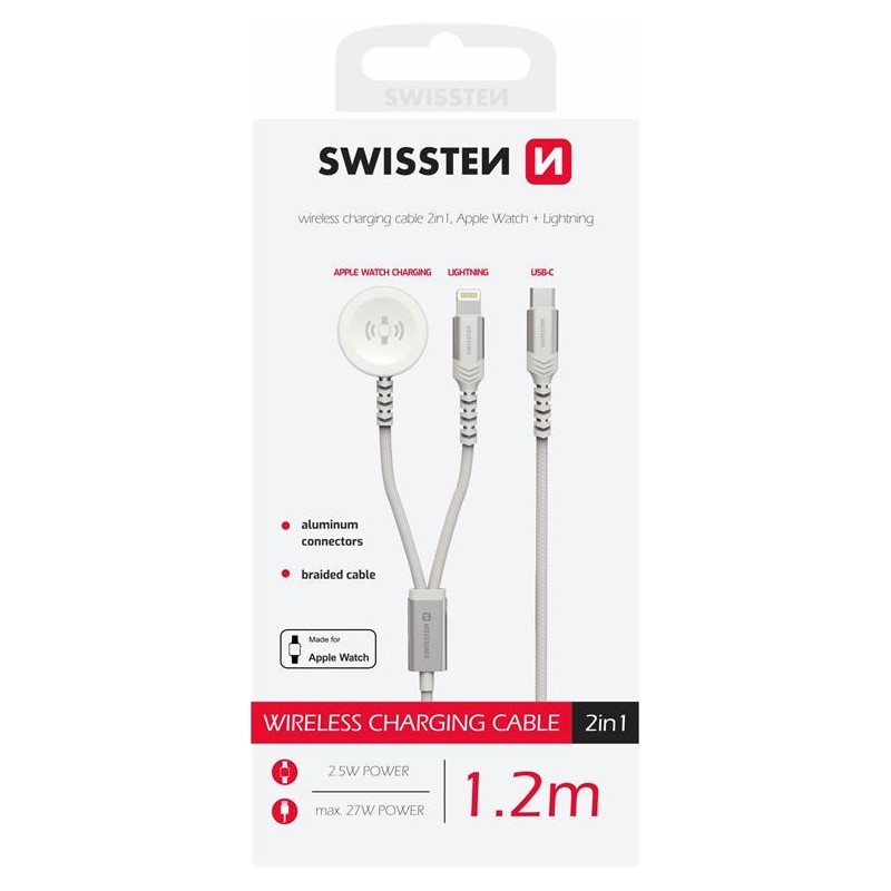 Swissten Wireless Charger 2In1 Apple Watch And Lightning, USB-C 1.2 M White