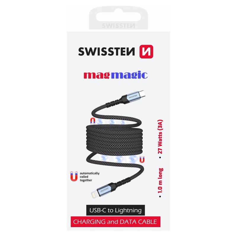 Swissten Magnetic Data Cable Self-Winding USB-C / Lightning 1 M