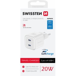 Swissten Travel Charger GaN 2X USB-C 20W Power Delivery White