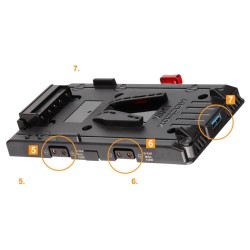 Hedbox V-lock Power adapter plate; USB Output 5.1V / 2.1A; 3 x D-Tap Output 14.8V / 5A; 50cm Breakway Cable 4-pin XLR 