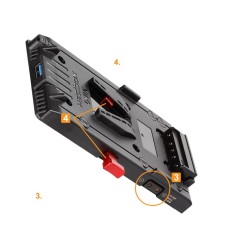 Hedbox V-lock Power adapter plate; USB Output 5.1V / 2.1A; 3 x D-Tap Output 14.8V / 5A;  50cm Breakway Cable with Sony FX9 type Conector 