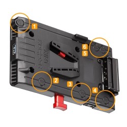 Hedbox V-lock Power adapter plate; USB Output 5.1V / 2.1A; 3 x D-Tap Output 14.8V / 5A;  50cm Breakway Cable with Sony FX9 type Conector 