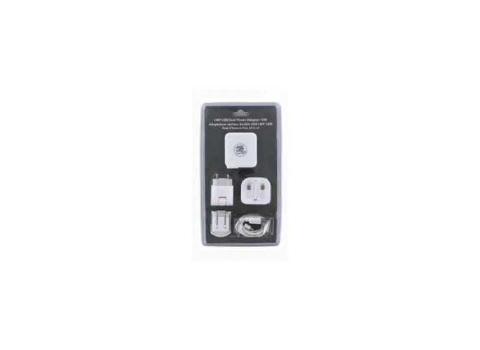 LMP USB Dual Power Adapter 10W, Plugs Euro/USA/UK, iPod, iPhone & iPad, 5V/2.1A, USB Lightning cable